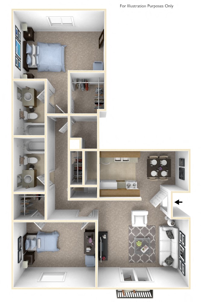 Floor plan for 2 beds, 2 baths, 890 sqft